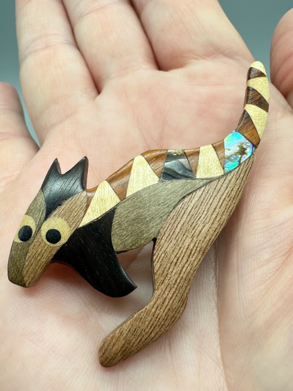 Handcrafted Kangaroo Abalone Contrasting Wood Tone Pin Brooch 2.5" Animal